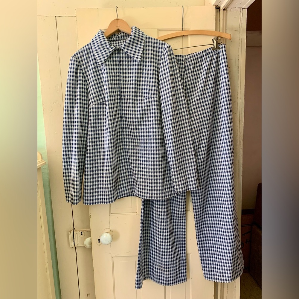 Vintage 1970s navy blue checkered top and pant set.